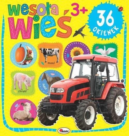 Okładka kartonowej książki z 36 okienkami Wesoła wieś przedstawiająca traktor oraz przykładowe okienka umieszczone w książce