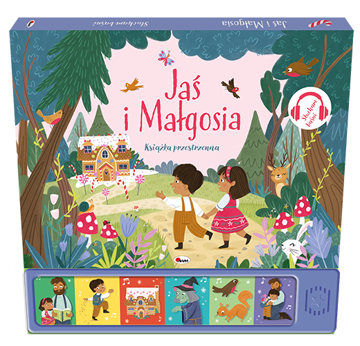 Okładka 3d z panelem dźwiękowym książki dźwiękowej Słucham Baśni. Jaś i Małgosia przedstawiająca Jasia i Małgosię spoglądających na piernikową chatkę