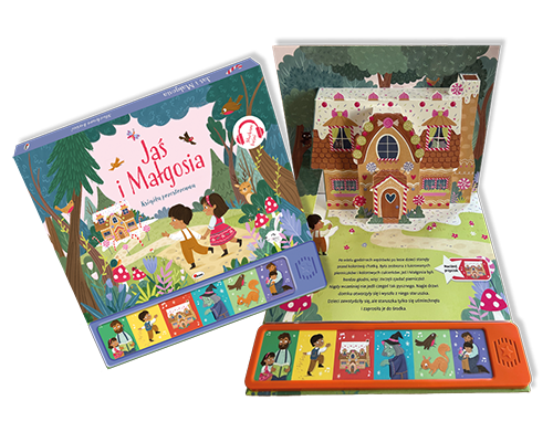 Wizualizacja 3D książki z panelem dźwiękowym Słucham Baśni. Jaś i Małgosia - okładka i przykładowa rozkładówka