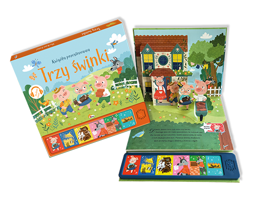 Wizualizacja 3D książki z panelem dźwiękowym Słucham Baśni. Trzy świnki - okładka i przykładowa rozkładówka