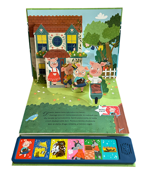 Wnętrze książki z panelem dźwiękowym Słucham Baśni. Trzy świnki przedstawiające trzy świnki wychodzące z domu i żegnające się z mamą