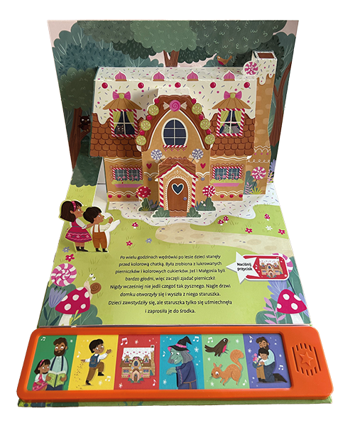Wnętrze książki dźwiękowej Słucham Baśni. Jaś i Małgosia przedstawiająca Jasia i Małgosię stojących przed piernikową chatką