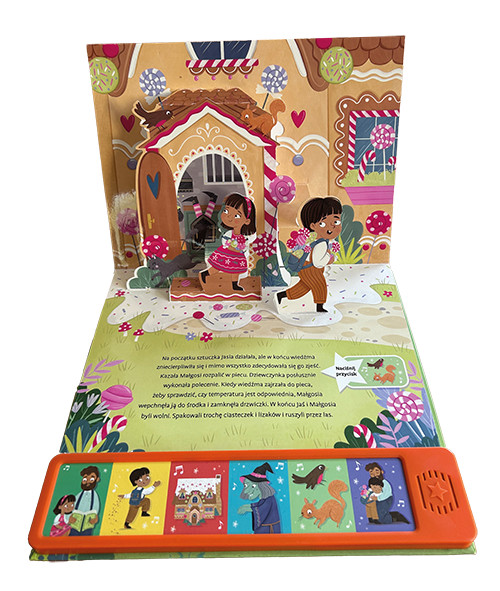 Wnętrze książki dźwiękowej Słucham Baśni. Jaś i Małgosia przedstawiająca Jasia i Małgosię uciekających z piernikowej chatki