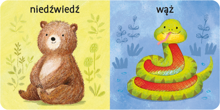 Wnętrze książki sensorycznej z różnymi fakturami – Mój bobas i ja. Milutkie zwierzaki  - przedstawiające  niedźwiedzia i węża