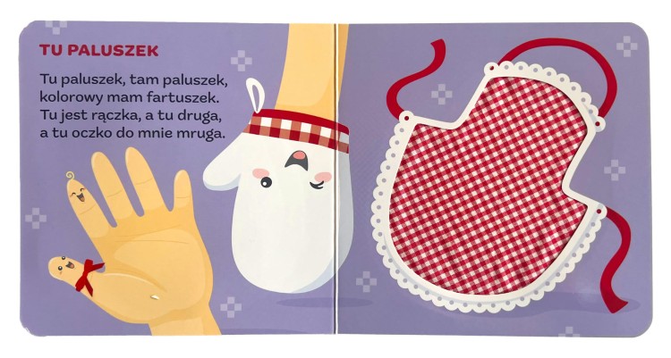 Wnętrze książki sensorycznej Rymowanki dotykanki. Chodzi lisek przedstawiające paluszki i fartuszek z materiałowym elementem dotykowym