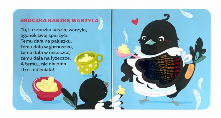 Wnętrze książki sensorycznej Rymowanki dotykanki. Lata osa przedstawiające srokę z elementem dotykowym imitującym pióra