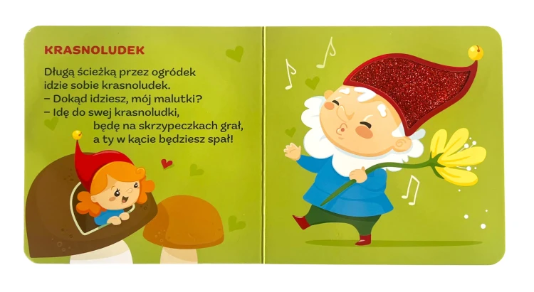Wnętrze książki sensorycznej Rymowanki dotykanki. Idzie jeż przedstawiające krasnoludki z elementem dotykowym imitującym czapkę