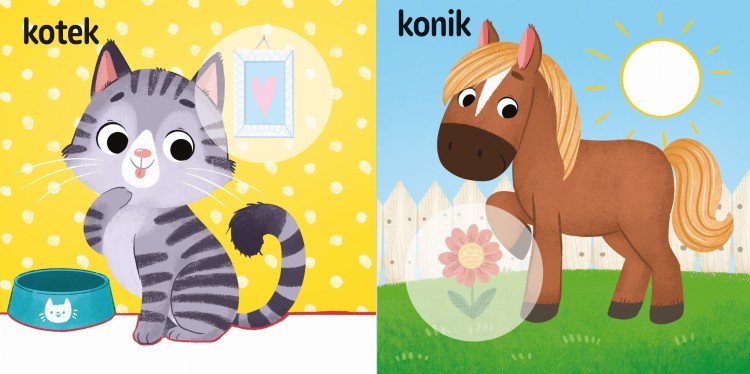 Wnętrze kolorowanki z naklejkami Naklejanki maluszka. Na wsi przedstawiające kota i konia