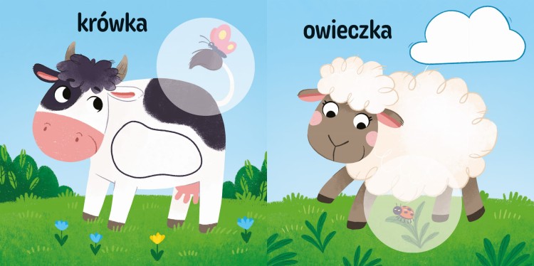 Wnętrze kolorowanki z naklejkami Naklejanki maluszka. Na wsi przedstawiające krowę i owieczkę