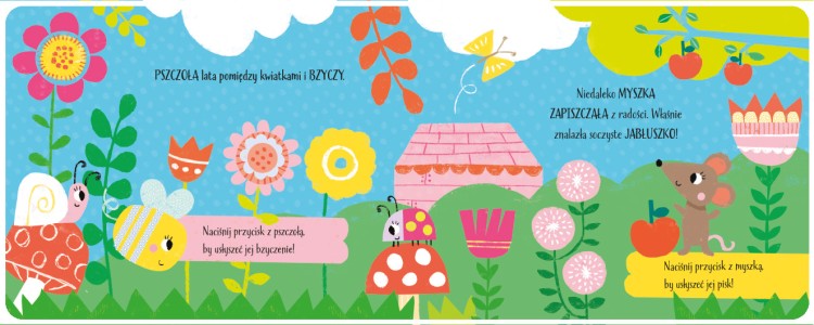 Wnętrze książki Moja wieś. Walizeczka – ilustracja przedstawiająca pszczołę oraz myszkę na łące