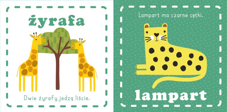 Wnętrze książki Przytulanka. Zoo z ilustracjami żyrafy i lamparta