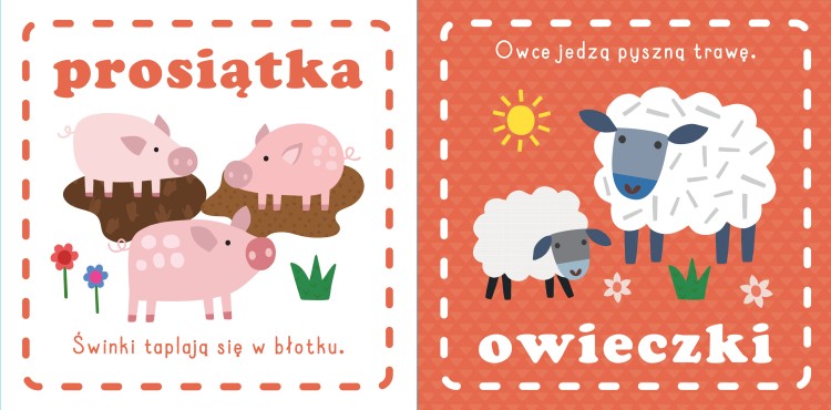 Wnętrze książki Przytulanka. Wieś z ilustracjami świnek i owieczek