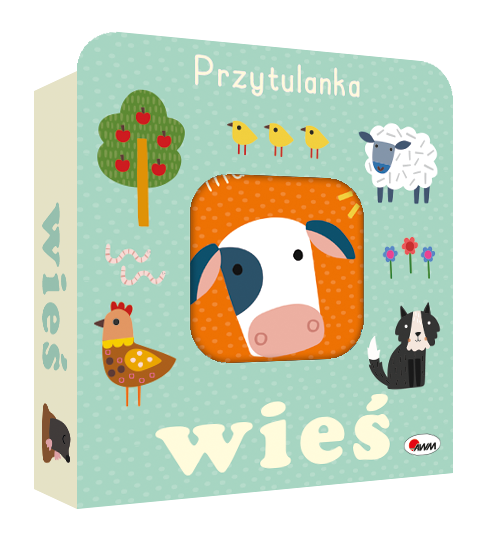 Pudełko z otworem z książeczką sensoryczną Przytulanka. Wieś, z krówką przedstawioną na okładce
