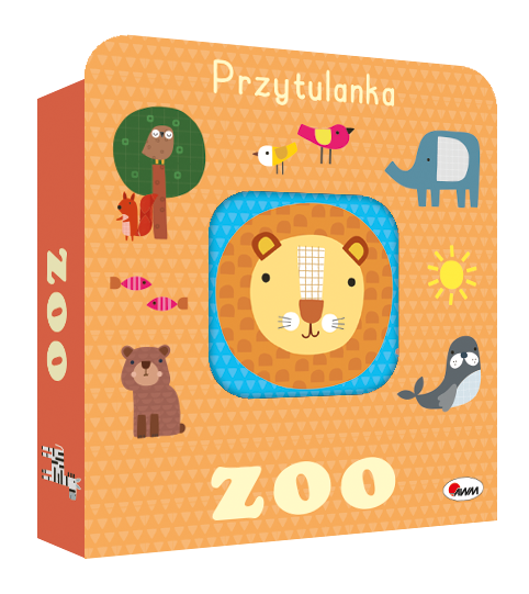 Pudełko z otworem z książeczką sensoryczną Przytulanka. Zoo, z lwem przedstawionym na okładce