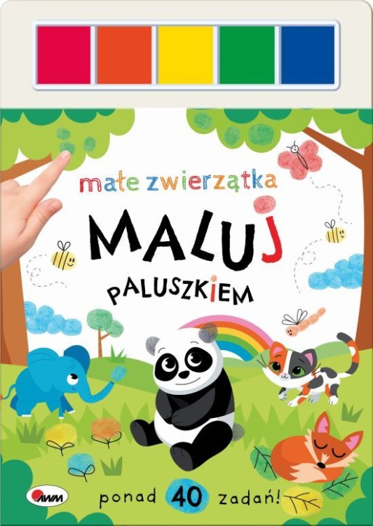 Okładka książki z farbkami pt. Maluj paluszkiem. Małe zwierzątka przedstawiająca dzieci zwierząt