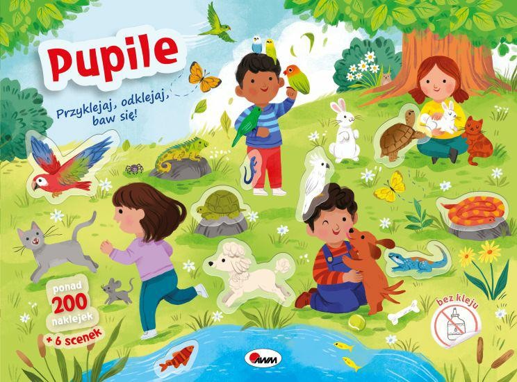 Okładka książeczki z naklejkami Przyklejaj, odklejaj, baw się! Pupile – przedstawiająca dzieci ze zwierzątkami