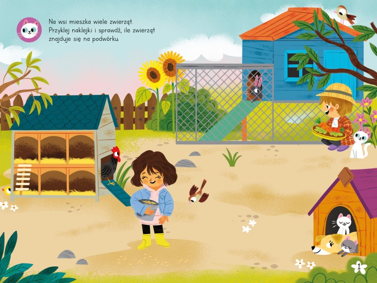 Wnętrze książeczki z naklejkami Przyklejaj, odklejaj, baw się! Na wsi – przedstawiające dziewczynkę w wiejskiej zagrodzie