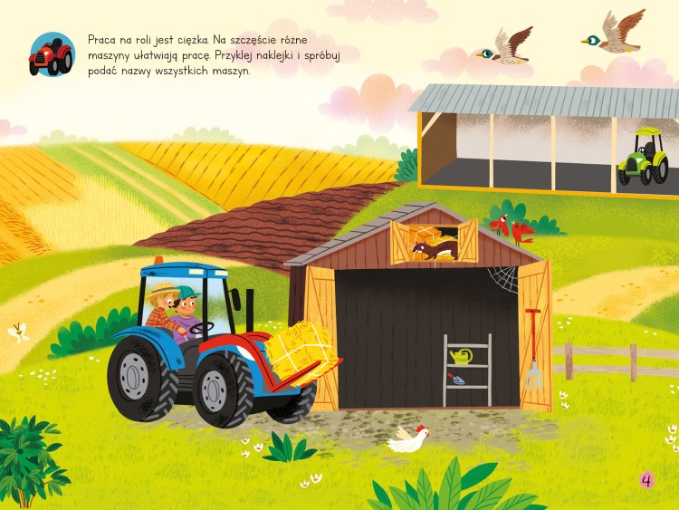Wnętrze książeczki z naklejkami Przyklejaj, odklejaj, baw się! Na wsi – przedstawiające traktor na polu