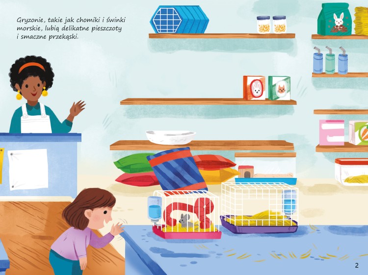 Wnętrze książeczki z naklejkami Przyklejaj, odklejaj, baw się! Pupile – przedstawiające sklep zoologiczny