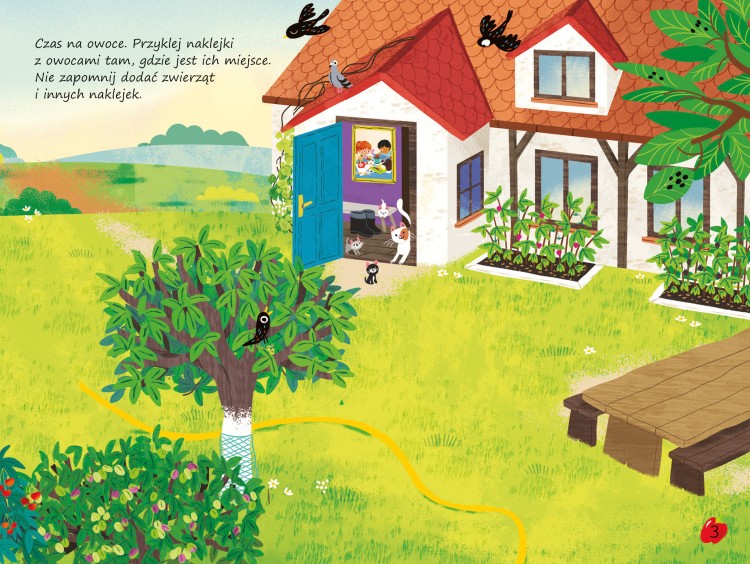 Wnętrze książeczki z naklejkami Przyklejaj, odklejaj, baw się! Warzywa i owoce – przedstawiające sad