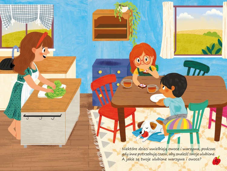 Wnętrze książeczki z naklejkami Przyklejaj, odklejaj, baw się! Warzywa i owoce – przedstawiające dzieci jedzące w kuchni owoce
