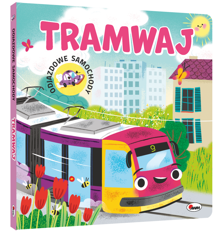 Okładka kartonowej książeczki Odjazdowe samochody. Tramwaj przedstawiającej tramwaj