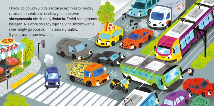 Wnętrze książki Odjazdowe samochody. Tramwaj przedstawiające korek uliczny