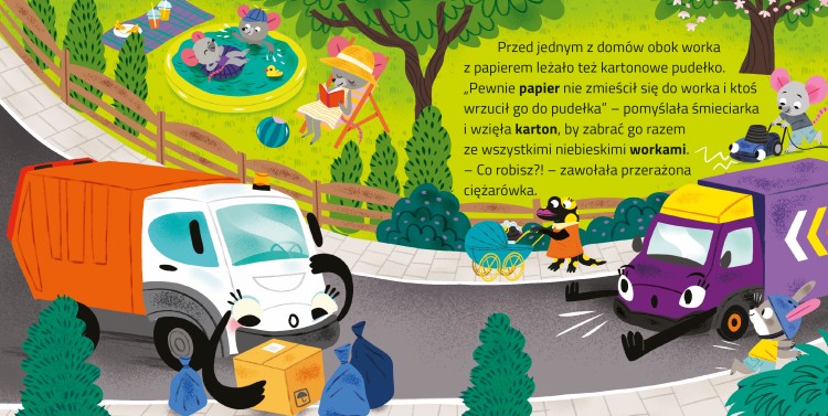 Wnętrze książki Odjazdowe samochody. Śmieciarka przedstawiające śmieciarkę w akcji