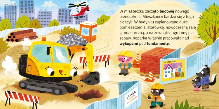 Wnętrze książki Odjazdowe samochody. Koparka przedstawiające koparkę na placu budowy