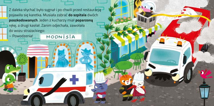 Wnętrze książki Odjazdowe samochody. Straż przestawiające straż pożarną gaszącą pożar