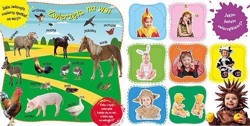 Wnętrze kartonowej książki z 36 okienkami Wesoła wieś przedstawiające wiejskie zwierzaki oraz dzieci poprzebierane za zwierzęta na wsi