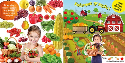 Wnętrze kartonowej książki z 36 okienkami Wesoła wieś przedstawiające owoce i warzywa spotykane na wsi oraz rysunek z warzywnymi grządkami