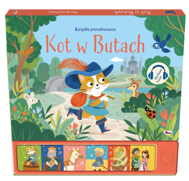 Okładka przestrzennej książki dźwiękowej Słucham baśni. Kot w Butach z widocznym panelem dźwiękowym przedstawiająca elegancko ubranego kota