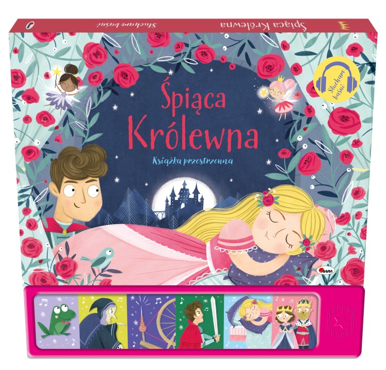 Okładka przestrzennej książki dźwiękowej Słucham baśni. Śpiące Królewna z widocznym panelem dźwiękowym przedstawiająca śpiącą królewnę w otoczeniu róż