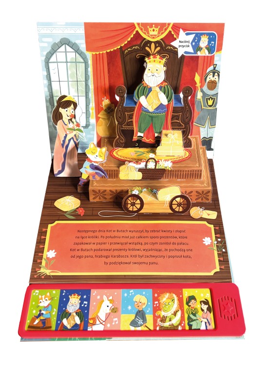 Wnętrze przestrzennej książki dźwiękowej Słucham baśni. Kot w Butach z widocznym panelem dźwiękowym przedstawiające Kota w butach przed królem w sali tronowej
