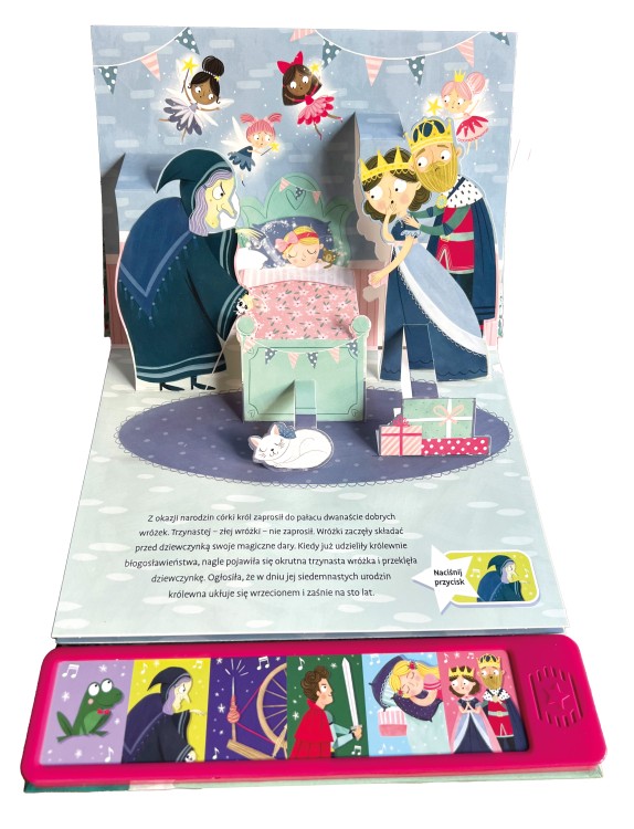 Wnętrze książki przestrzennej z widocznym panelem dźwiękowym przedstawiające kołyskę ze śpiącą królewną oraz parę królewską i złą wróżkę