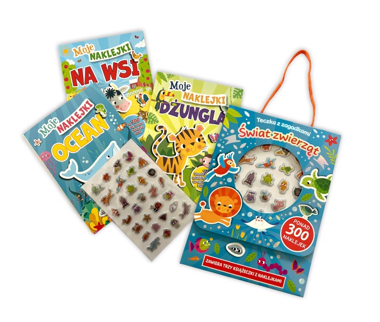 Wizualizacja zestawu Teczka z zagadkami. Świat zwierząt przedstawiająca walizeczkę, 3 książeczki oraz arkusz naklejek