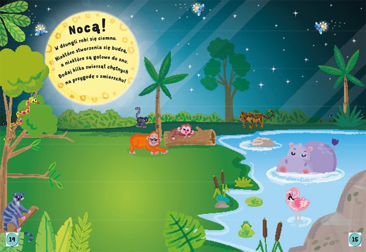 Rozkładówka z książeczki Moje naklejki. Dżungla wchodzącej w skład zestawu Teczka z zagadkami. Świat zwierząt przedstawiająca tygrysa, małpkę i tukana