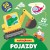 Okładka kolorowanki z naklejkami "Naklejkowo. Pojazdy" przedstawiająca krokodyla w żółtej koparce oraz myszkę w aucie, widoczny otwór z wypukłą naklejką