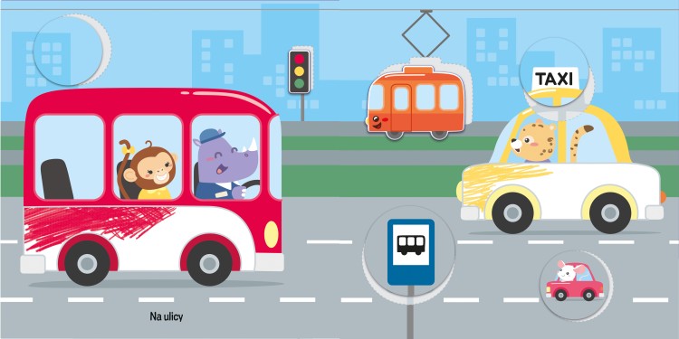 Wnętrze kolorowanki z naklejkami "Naklejkowo. Pojazdy" przedstawiające zwierzaki w autobusie i taksówce, widoczne naklejki oraz elementy do pokolorowania