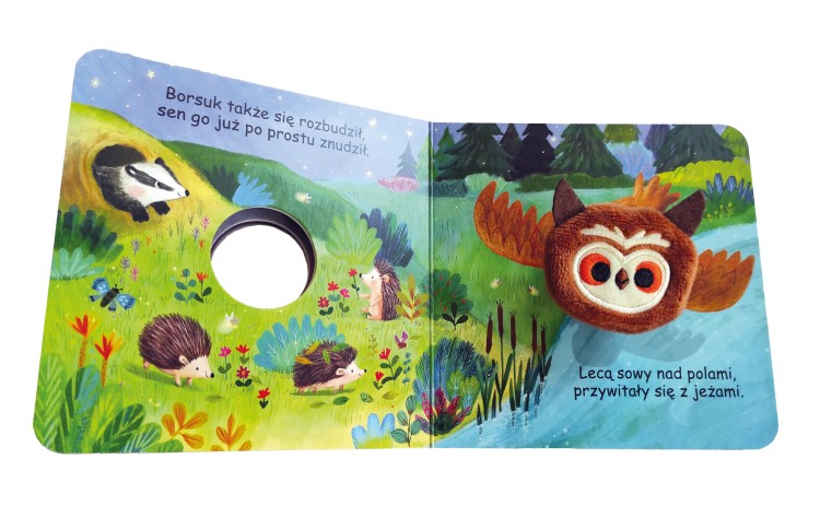 Wnętrze książki "Kocham cię. Mała sówka" przedstawiające przelatującą nad borsukiem sówkę z głową w formie pacynki
