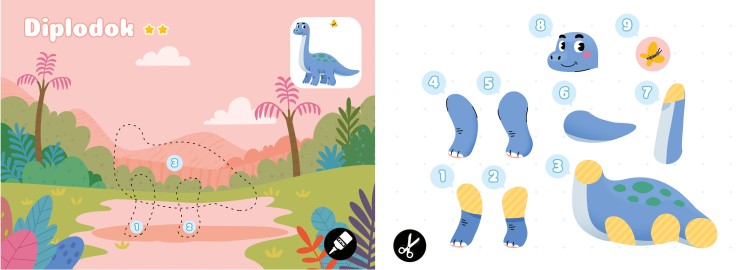 Wnętrze książki z wycinankami pt. Dinozaury z serii Wycinanki, naklejanki przedstawiające elementy diplodoka do wycięcia i tło do naklejenia elementów