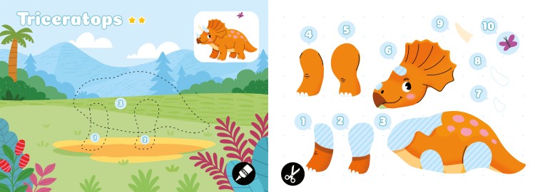 Wnętrze książki z wycinankami pt. Dinozaury z serii Wycinanki, naklejanki przedstawiające elementy triceratopsa do wycięcia i tło do naklejenia elementów