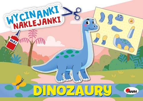 Okładka książki z wycinankami pt. Dinozaury z serii Wycinanki, naklejanki przedstawiająca diplodoka