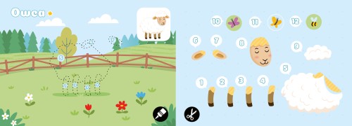 Wnętrze książki z wycinankami pt. Na wsi z serii Wycinanki, naklejanki przedstawiające elementy owcy do wycięcia i tło do naklejenia elementów