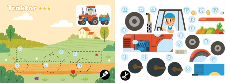 Wnętrze książki z wycinankami pt. Na wsi z serii Wycinanki, naklejanki przedstawiające elementy traktora do wycięcia i tło do naklejenia elementów