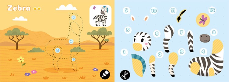 Wnętrze książki z wycinankami pt. Zwierzęta z serii Wycinanki, naklejanki przedstawiające elementy zebry do wycięcia i tło do naklejenia elementów