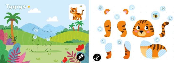 Wnętrze książki z wycinankami pt. Zwierzęta z serii Wycinanki, naklejanki przedstawiające elementy tygrysa do wycięcia i tło do naklejenia elementów