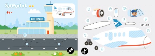 Wnętrze książki z wycinankami pt. Pojazdy z serii Wycinanki, naklejanki przedstawiające elementy samolotu do wycięcia i tło do naklejenia elementów