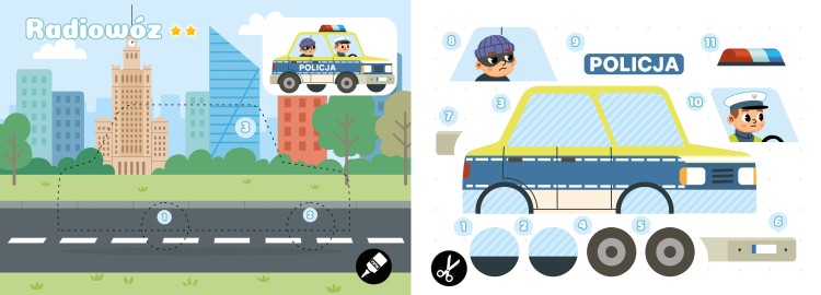 Wnętrze książki z wycinankami pt. Pojazdy z serii Wycinanki, naklejanki przedstawiające elementy wozu policyjnego do wycięcia i tło do naklejenia elementów